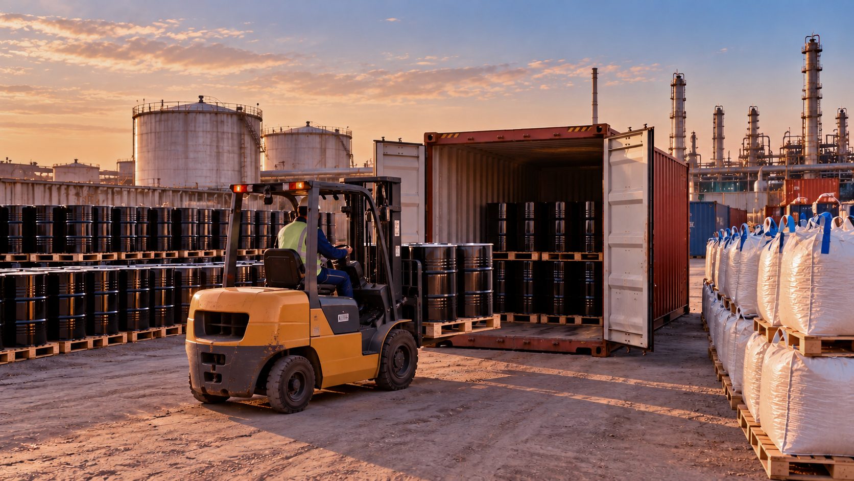 Forklift loading sealed bitumen drums into a shipping container, with jumbo bags stacked alongside