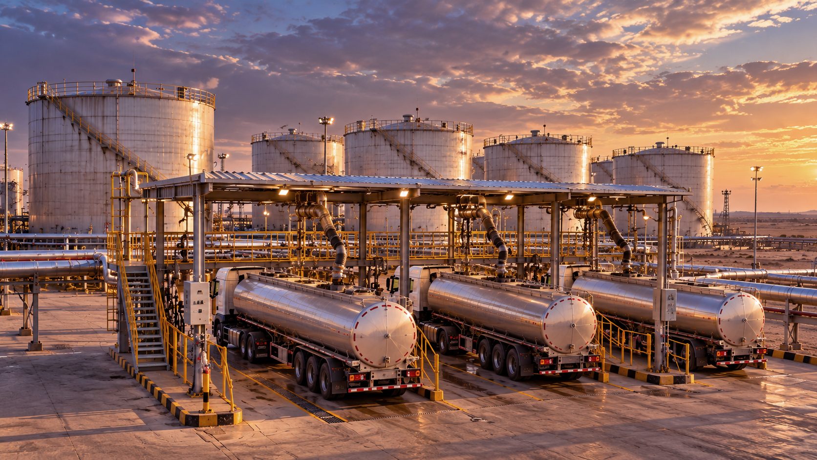 Road tankers at a covered loading rack in front of fuel oil storage tanks