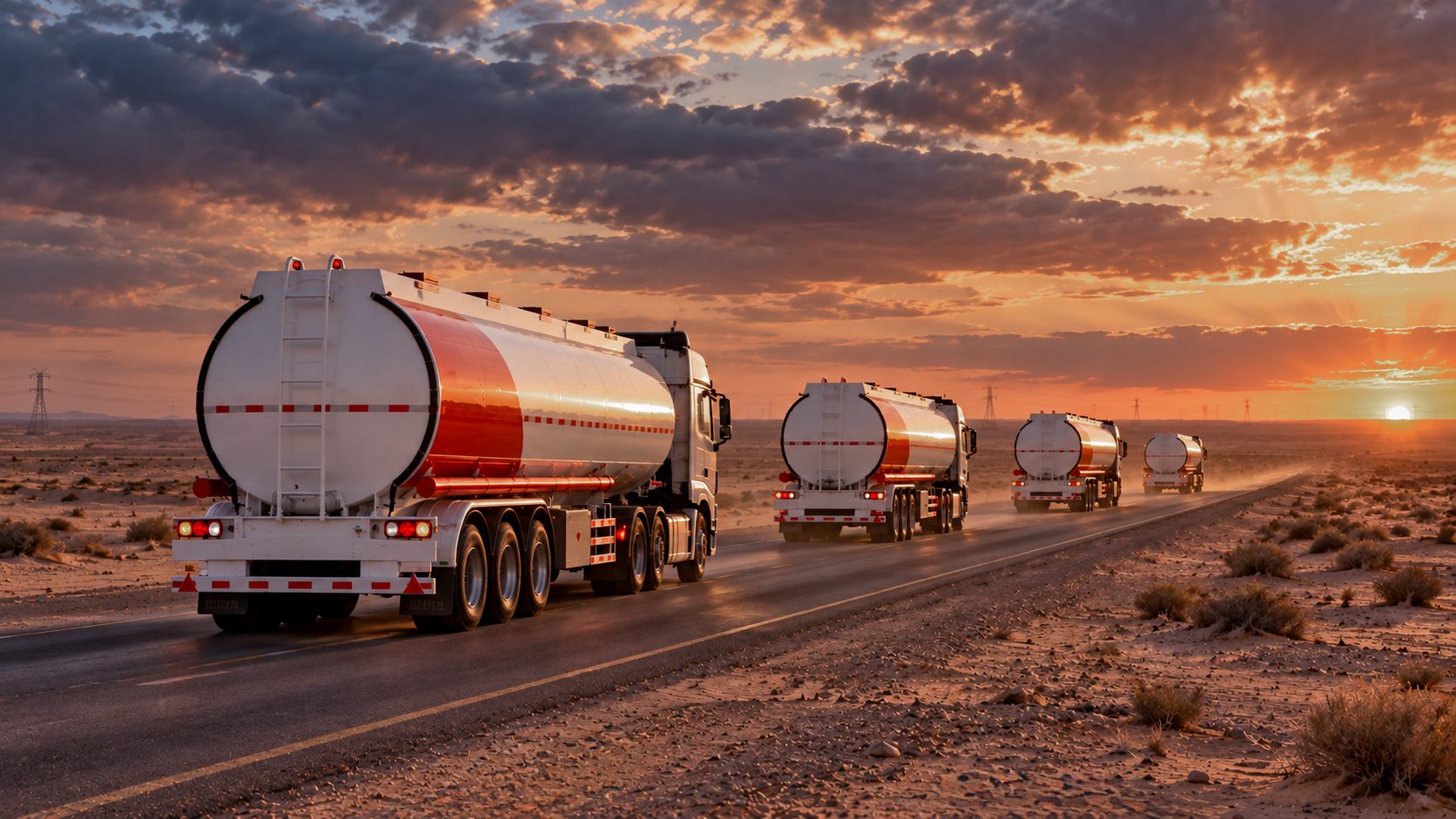 Convoy of road tankers carrying industrial heating oil across the desert