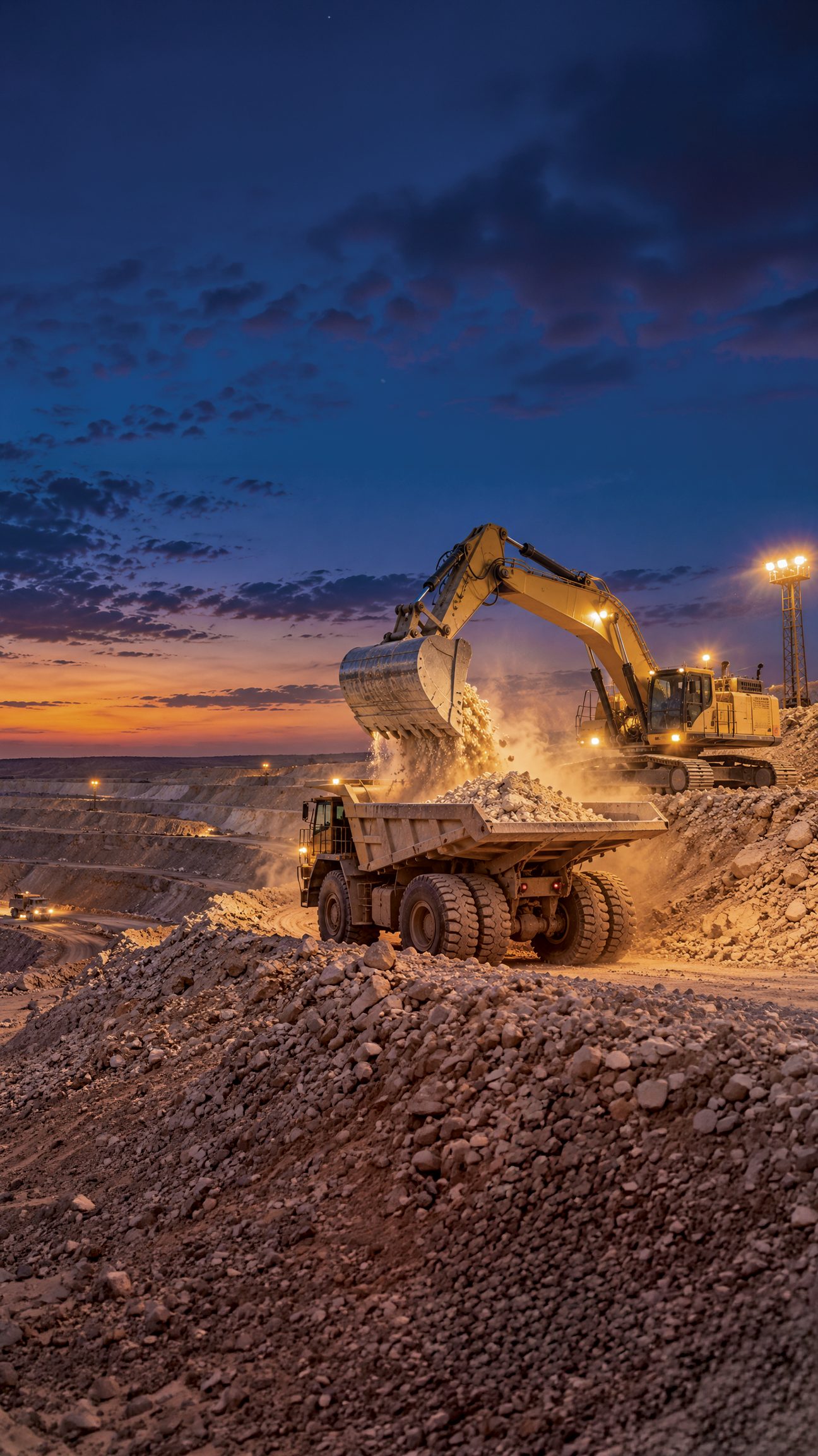 Excavator loading mineral rock into a haul truck at dusk
