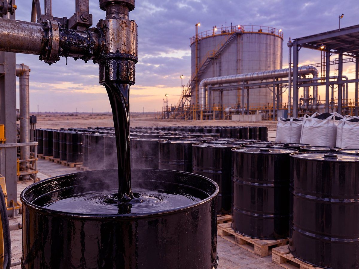 Bitumen in steel drums being filled at an Iraqi terminal