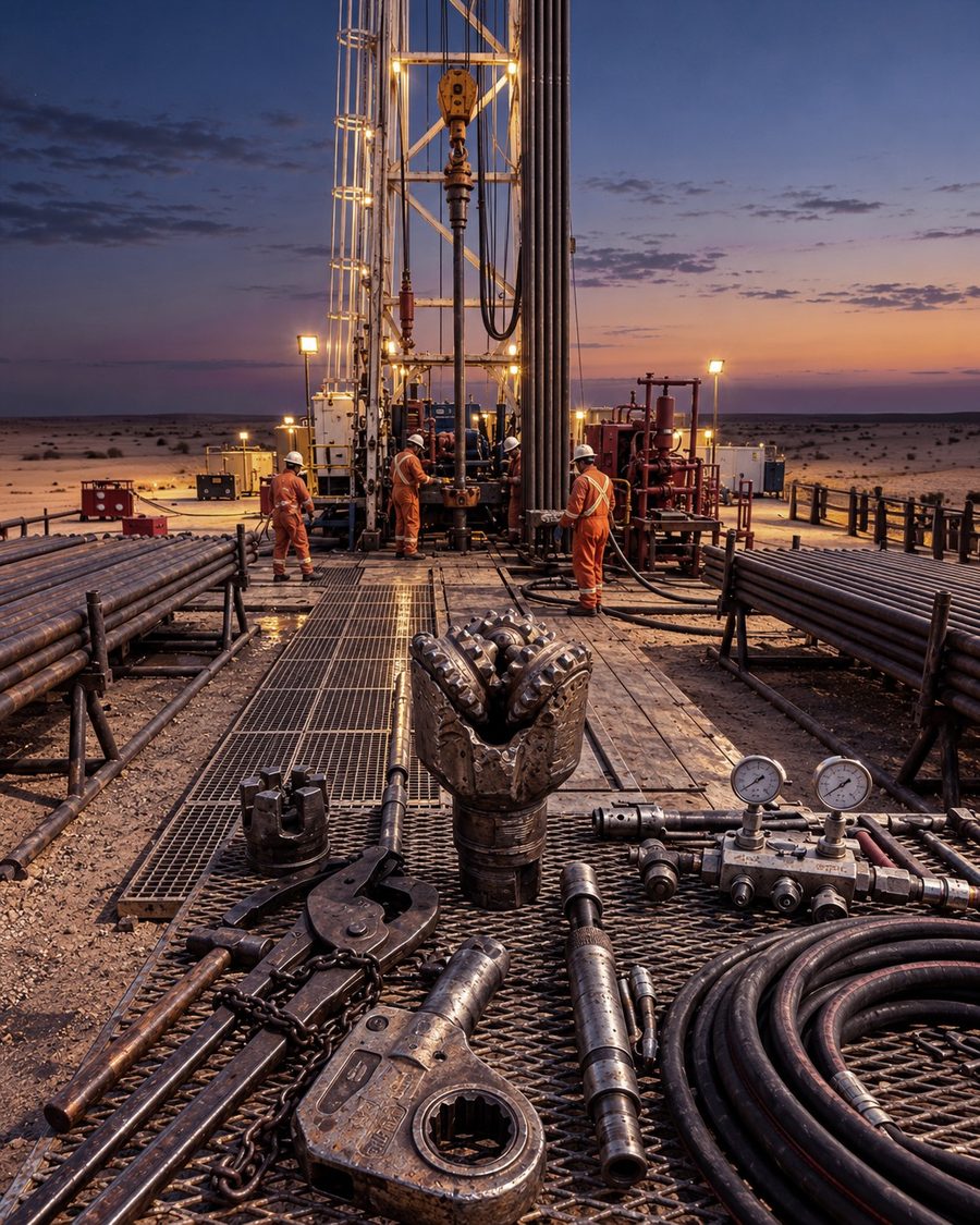 Onshore oil drilling rig floor in the southern Iraqi desert at dusk