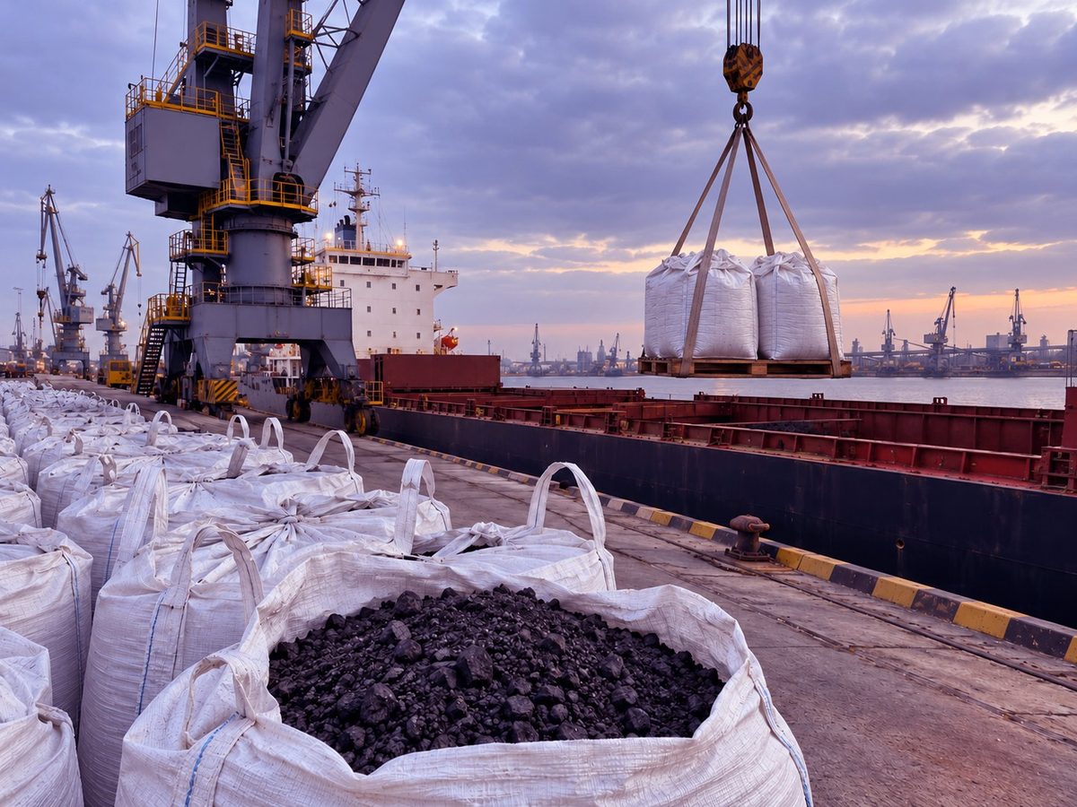 Jumbo bags of petroleum coke being loaded onto a cargo ship