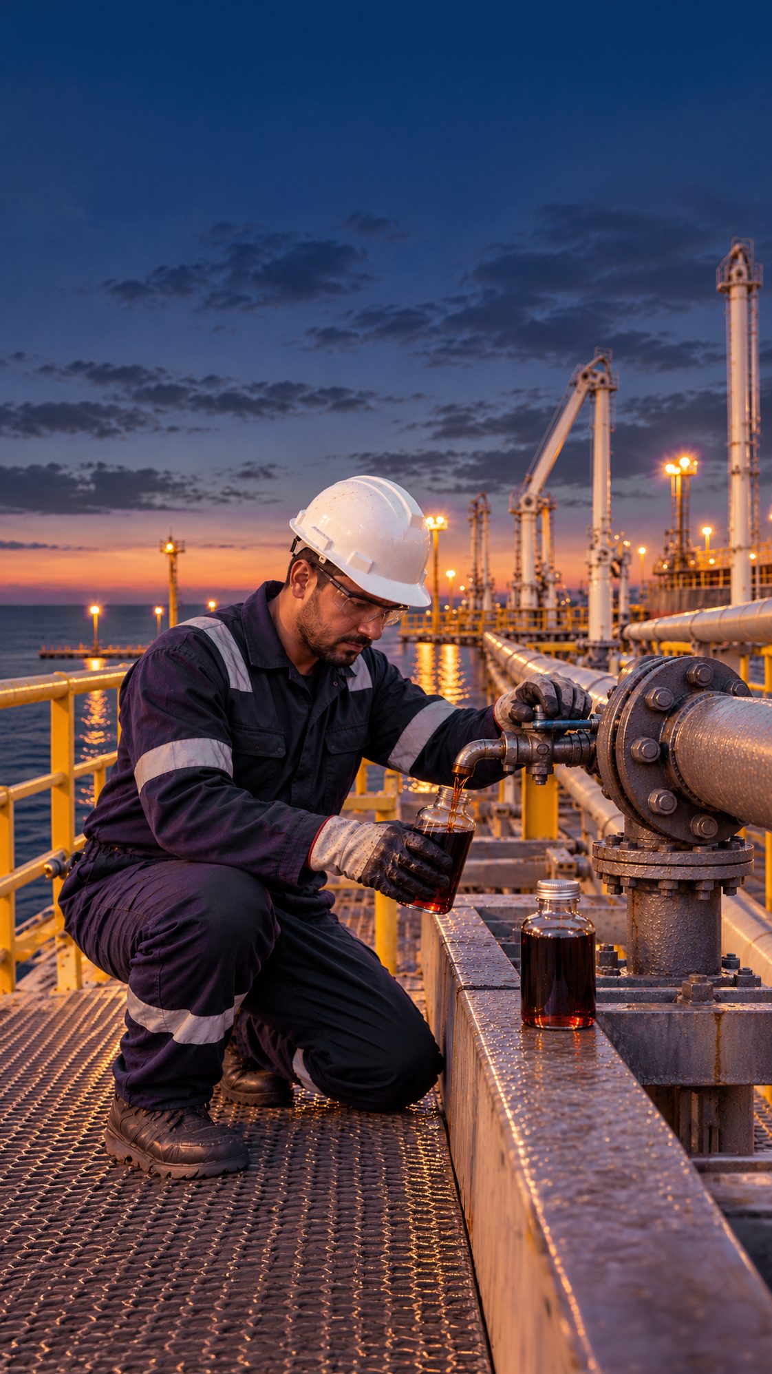 Independent inspector taking a fuel oil sample at a loading jetty