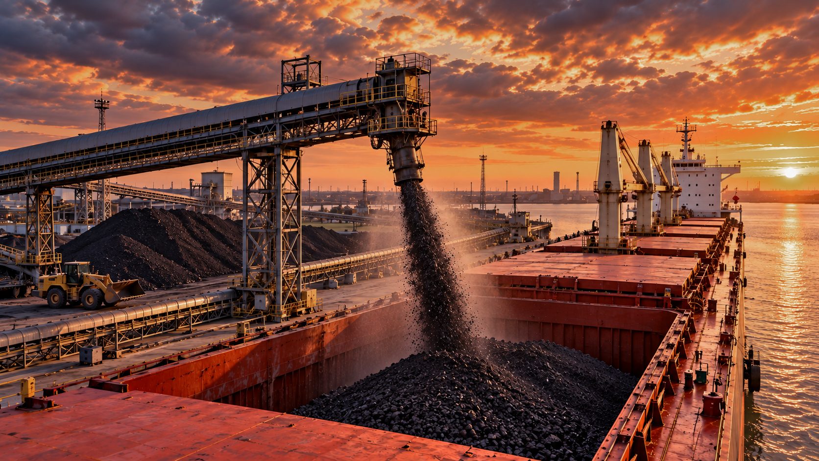Shiploader pouring petroleum coke into the hold of a bulk carrier