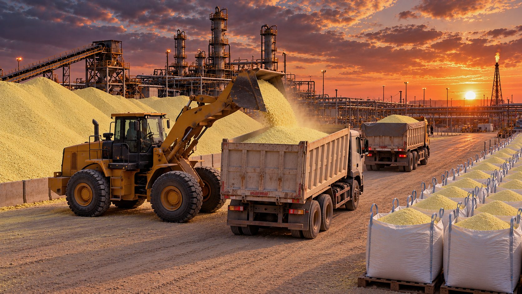 Wheel loader filling a tipper truck with crushed sulfur, with jumbo bags of sulfur alongside